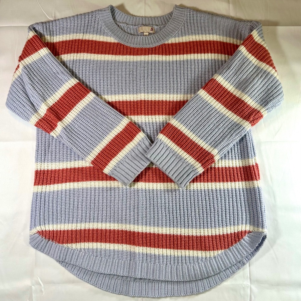 SO Chunky Knit Crewneck Sweater Women's XL Striped Pastel Cozycore Cottagecore